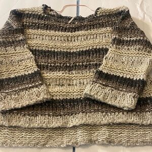 Free People Striped Chunky Knit Oversized  Crewneck Sweater in Cream and Brown